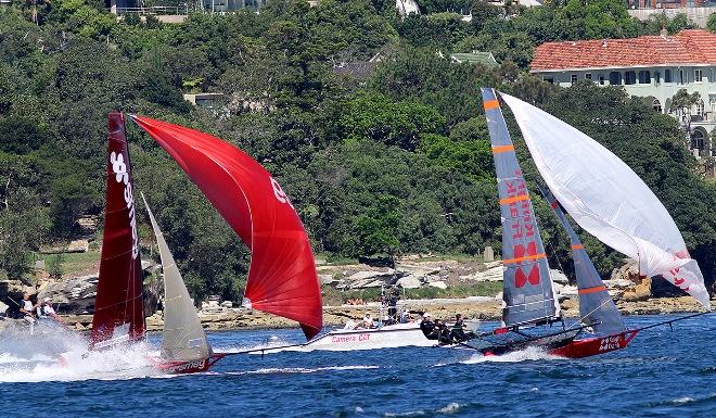 Moments before Knight Frank capsized on the first spinnaker run - 2015 JJ Giltinan 18ft Skiff Championship © Frank Quealey /Australian 18 Footers League http://www.18footers.com.au